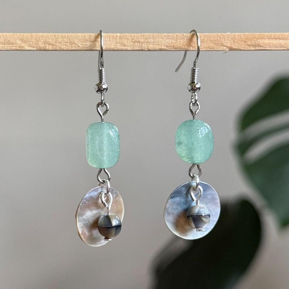 handmade beaded green beads and mother of pearl shell dangle earrings